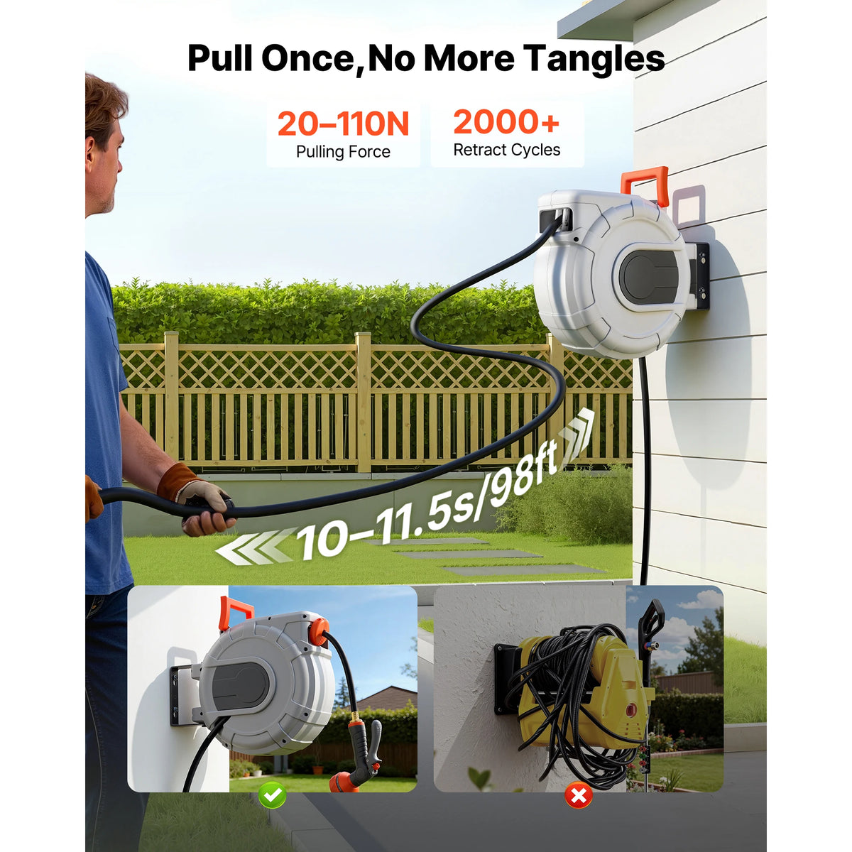 Wall Mounted Retractable Garden Hose Reel With Sprayer Nozzle
