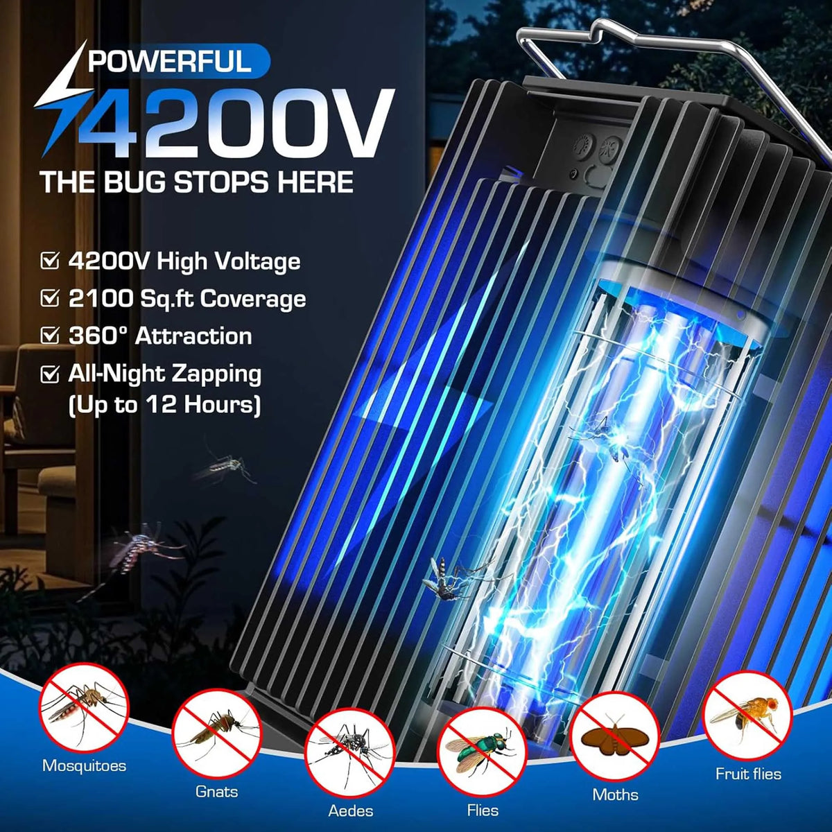 Solar Outdoor Mosquito Zapper Cordless Waterproof With Illuminated Light