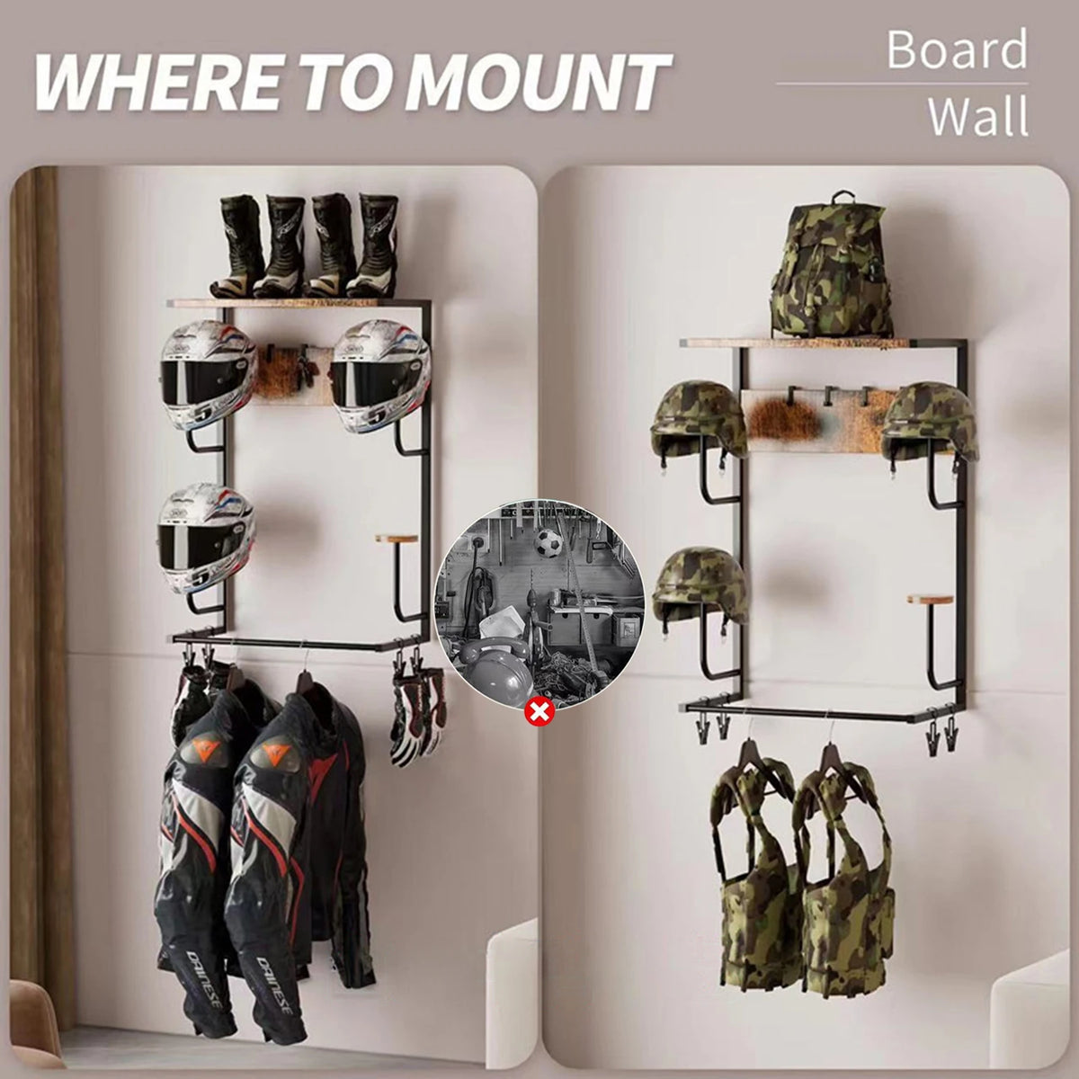 HiMISS Wall Mounted Motorcycle Helmet And Gear Storage Rack