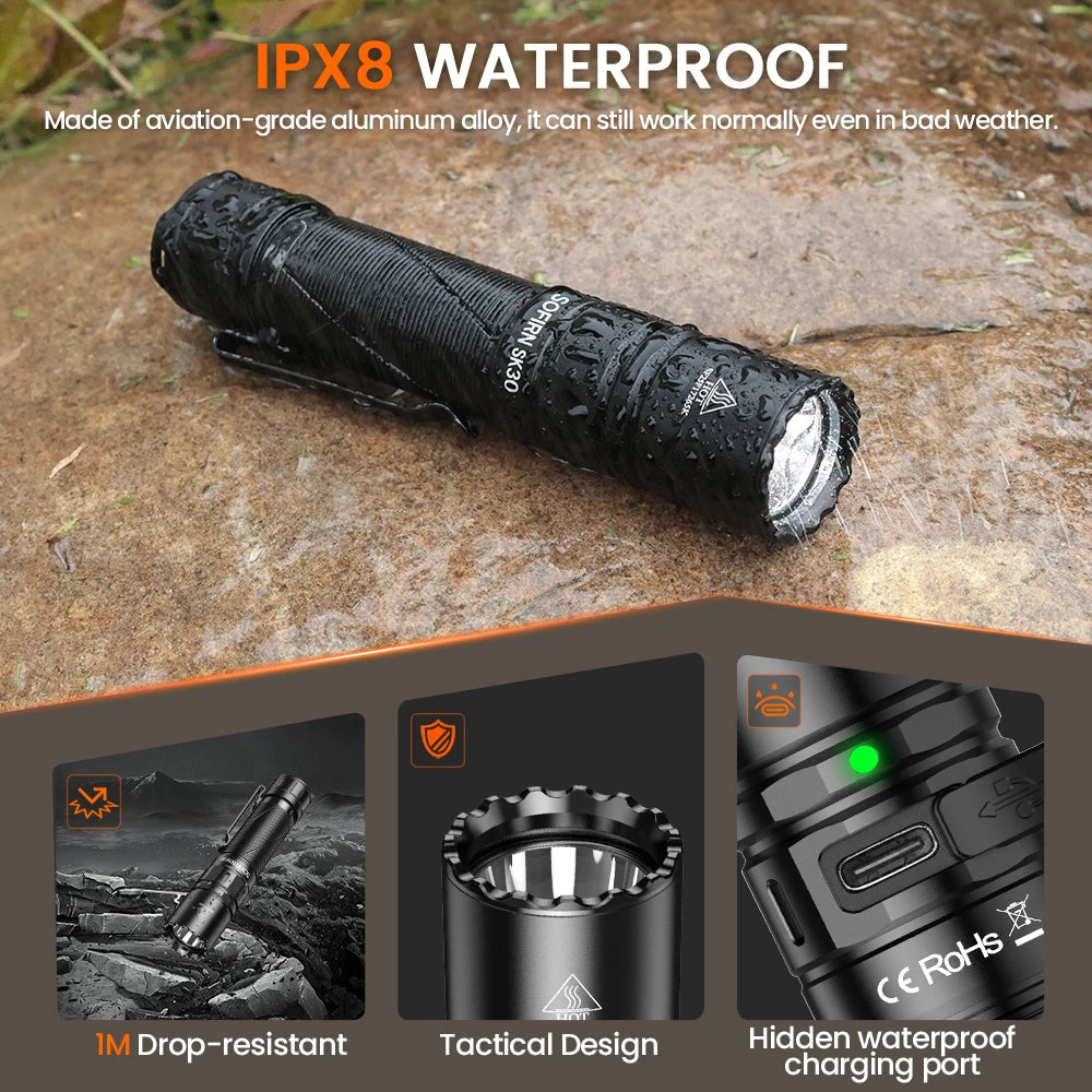 Sofirn Sk30 3000 Lumen Usb C Rechargeable Tactical Flashlight