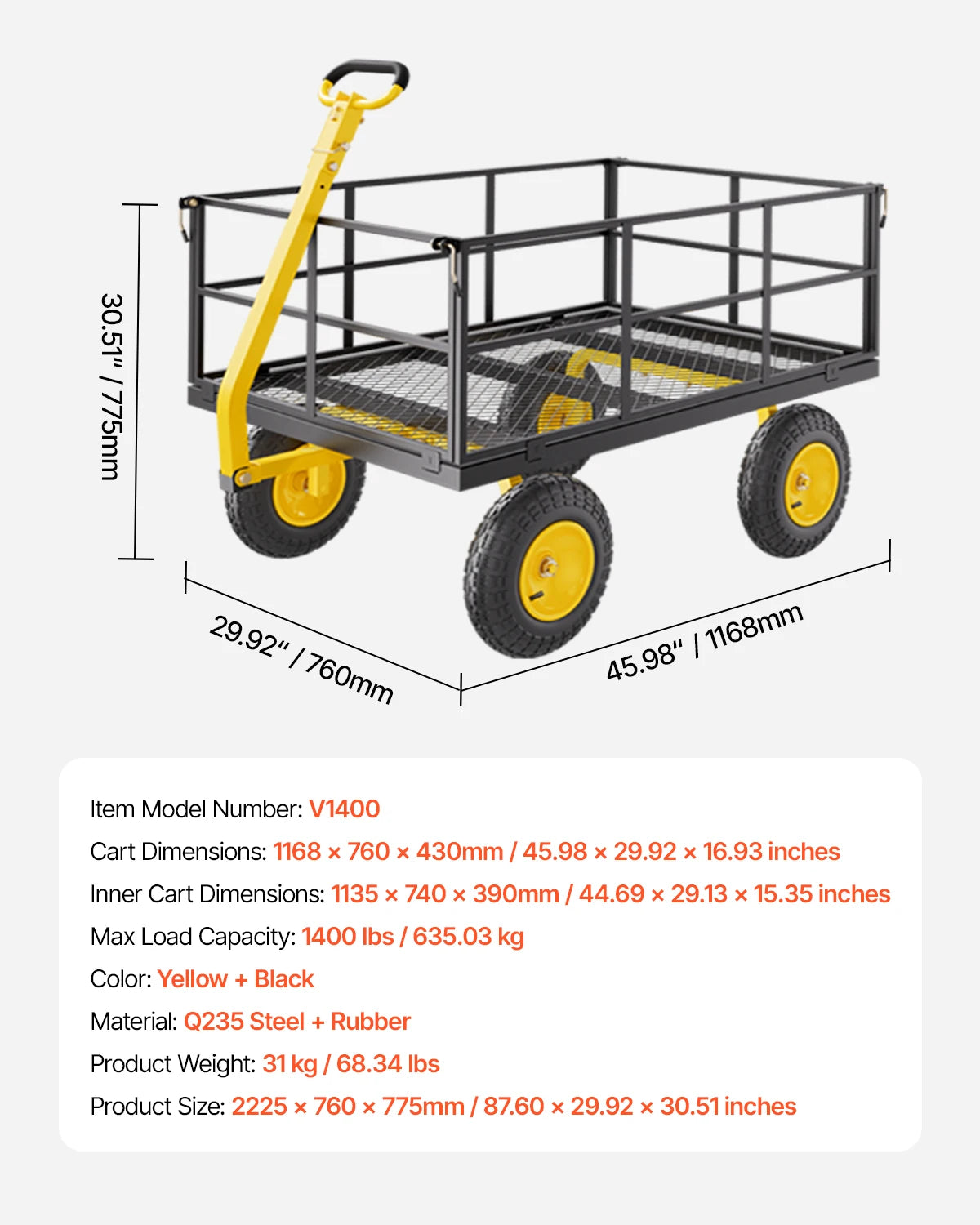 SucceBuy Steel Garden Cart With All Terrain Tires Mesh Sides