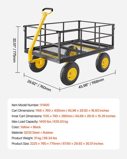SucceBuy Steel Garden Cart With All Terrain Tires Mesh Sides