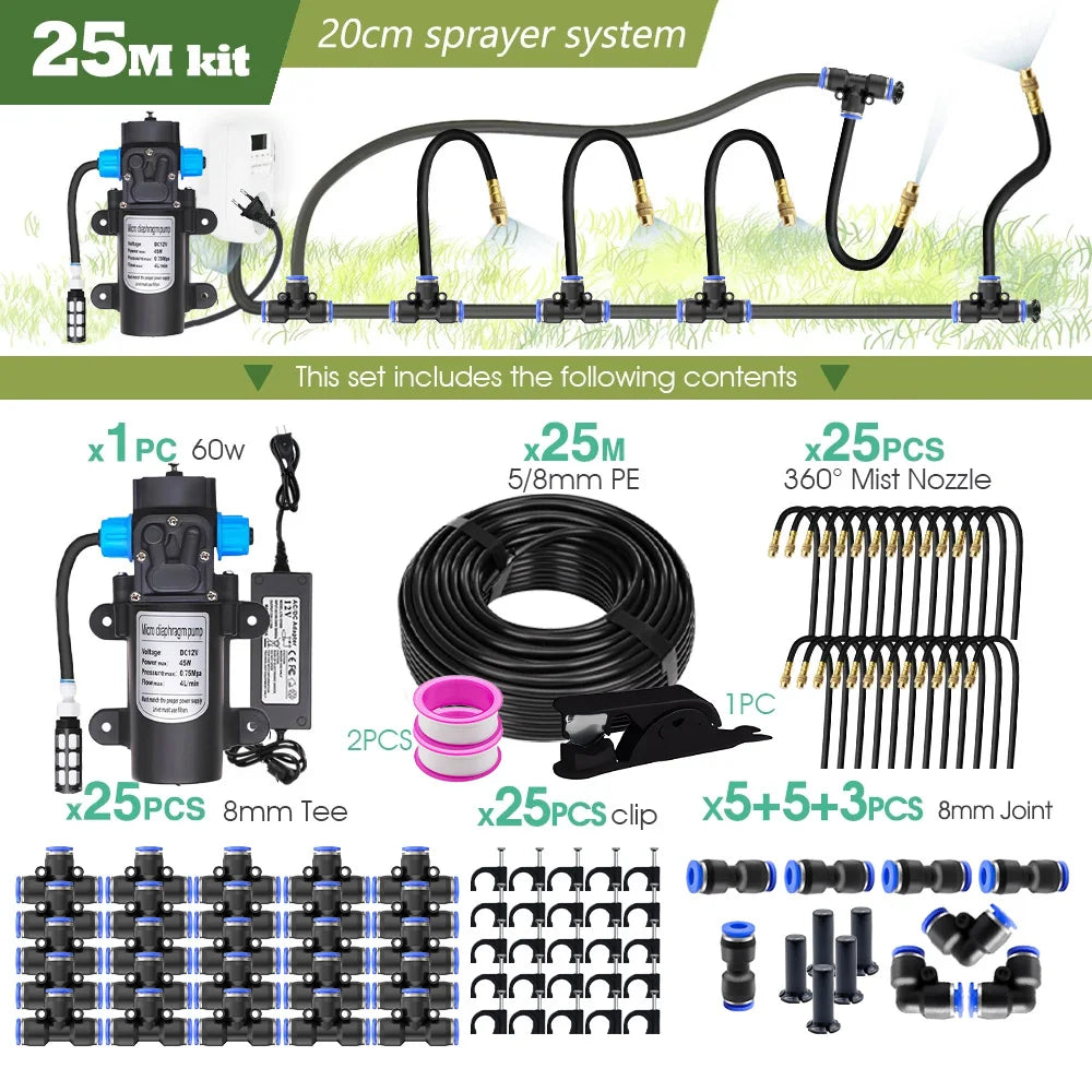 Garden Misting Pump Kit with 60W Self Priming Brass Nozzle