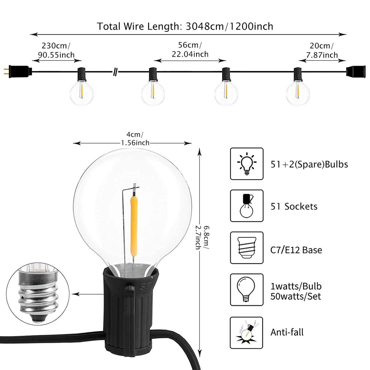 Aiopp G40 LED Globe String Lights Outdoor With US Plug