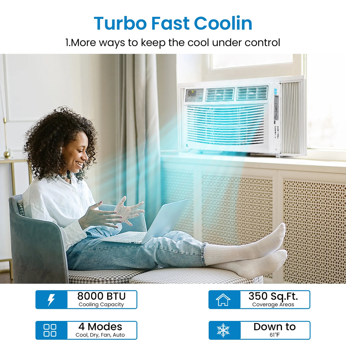 8000 BTU Smart Window Air Conditioner with Wifi, Remote &Control - 3-in-1 with Dehumidifier, 3 Fan Speeds, 24H Timer – for Bedroom, Office, or Home, Ultra Quiet & Efficient, Up to 350 Sq. Ft