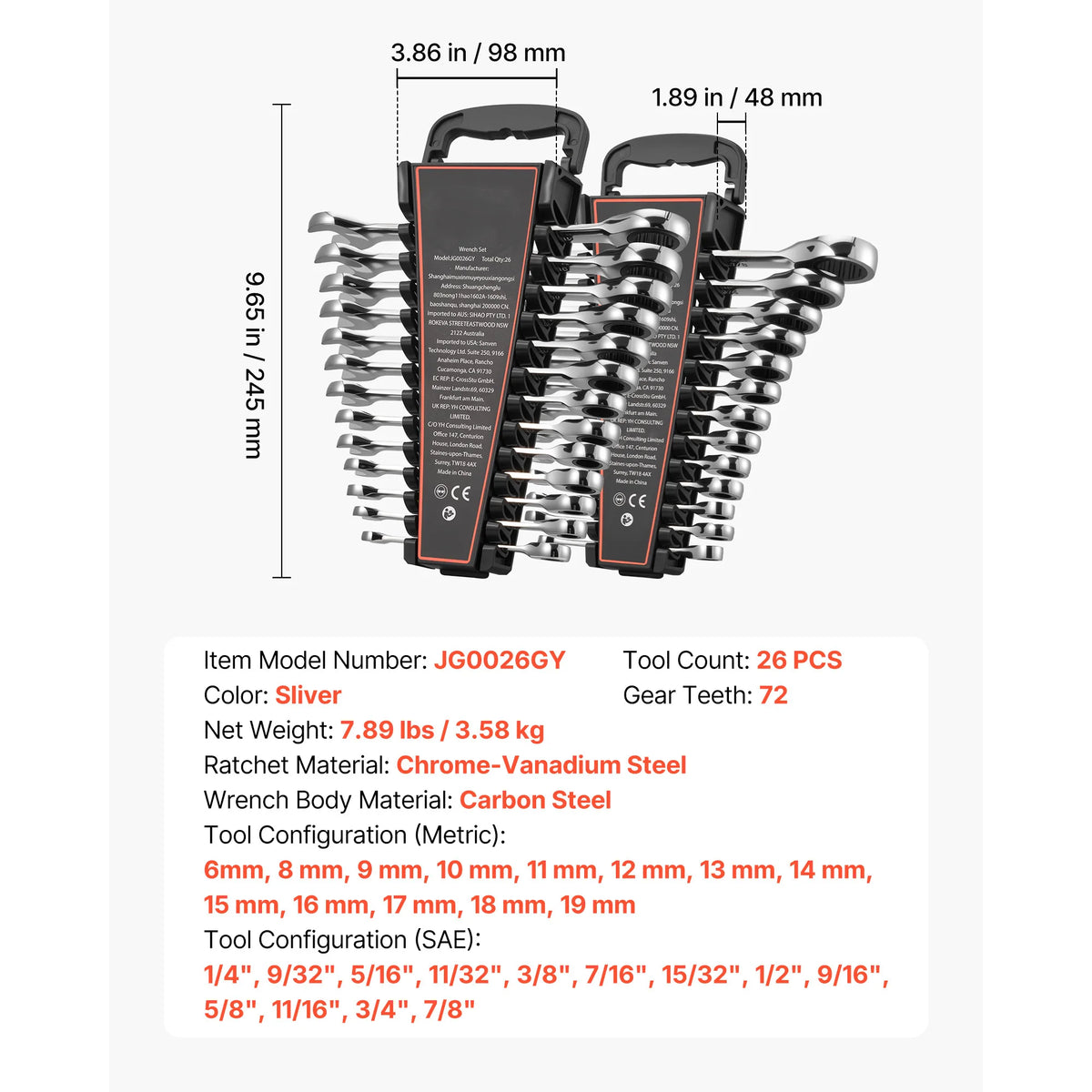 Carbon Steel Ratcheting Combination Wrench Set With Storage Rack