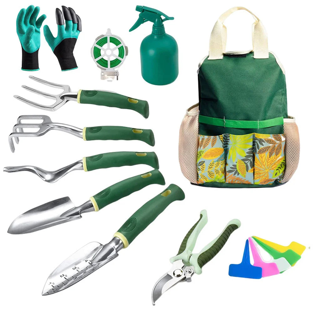 16 Piece Garden Tool Set Aluminum Alloy Gardening Hand Tools Kit with Floral Tote Bag Gloves Spray Bottle Plant Labels Twist Tie Trowel Transplanter Weeder Cultivator Hand Fork and Pruning Shears for Planting Weeding Pruning