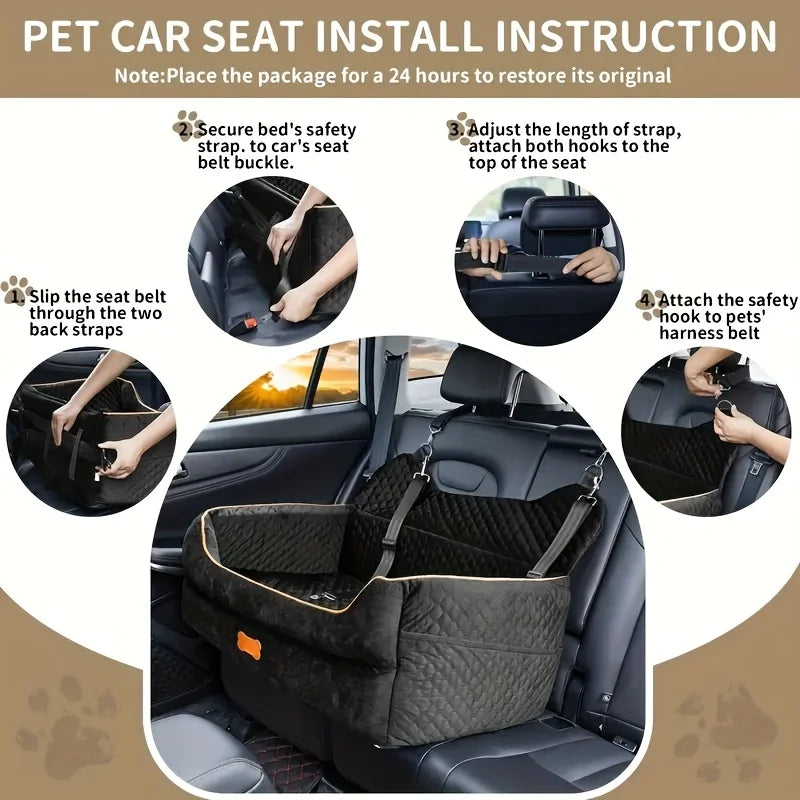 Dog Car Seat Booster Cushion with Memory Foam - Secure Strap Installation, Thick Padding & Storage Bag - Heavy-Duty Travel Bed for Large/Medium Dogs up to 24.95 KG or 2 Small Dogs - Washable Car Seat Protector - Gray Pet Vehi