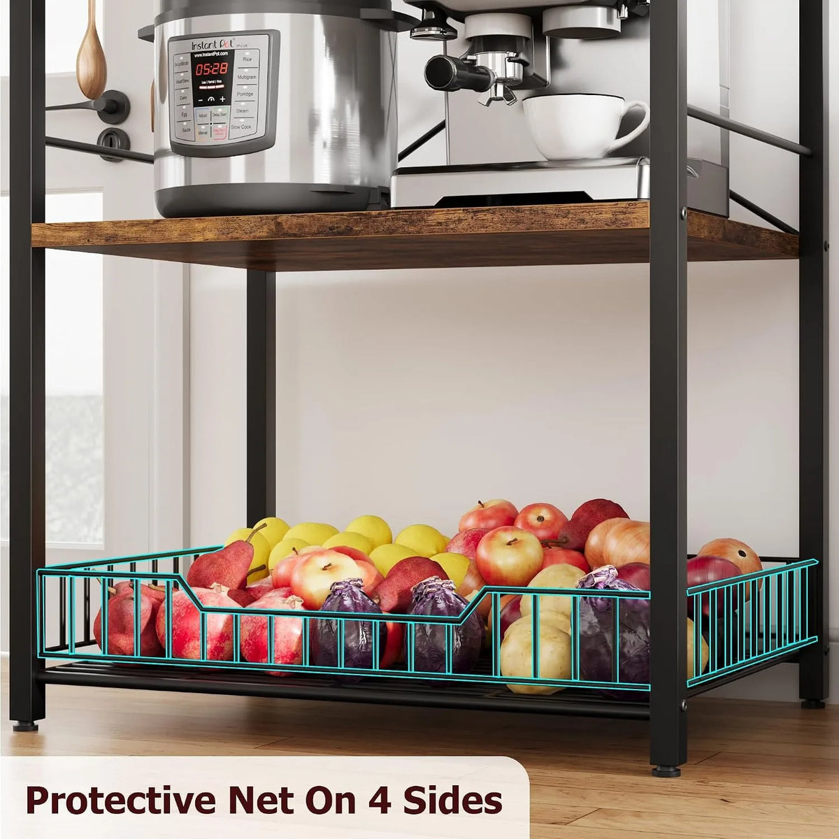 Freestanding Industrial Kitchen Baker Rack With Wire Basket