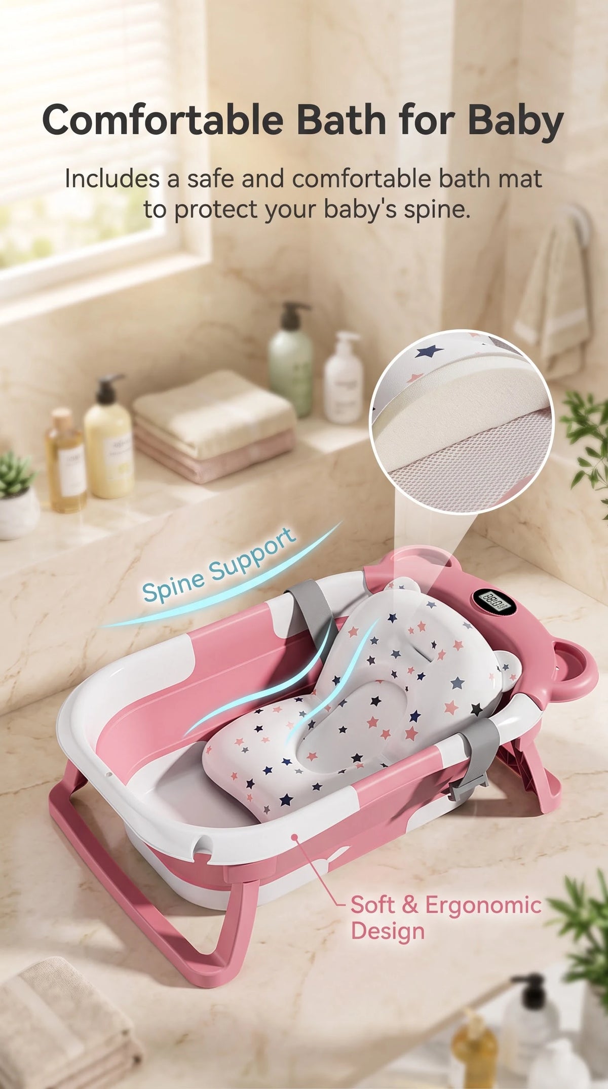 Foldable Baby Bathtub With Thermometer Drain Hole And Cushion