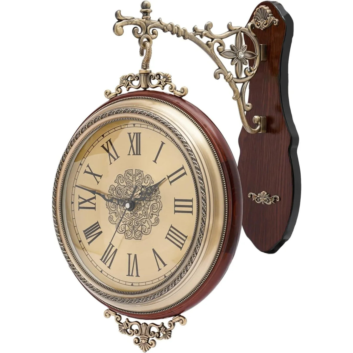 European Style Double Sided Wall Clock Alloy And Wood