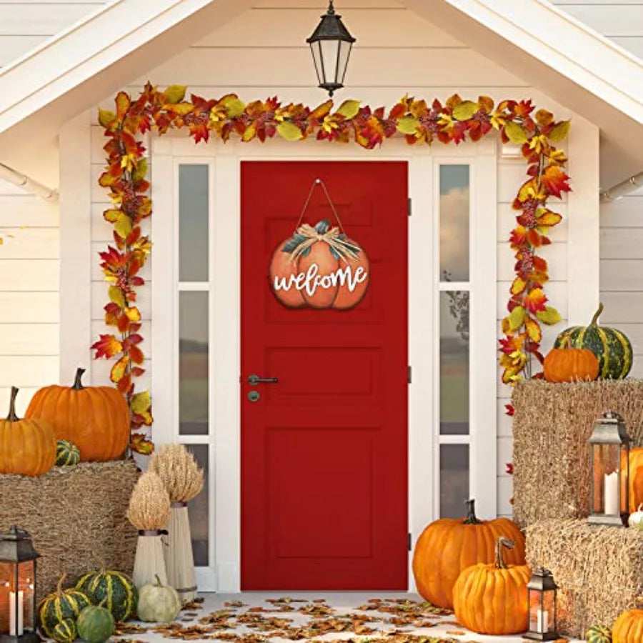 Fall Decor Pumpkin Welcome Sign Thanksgiving Door Hanger Wooden Pumpkin Decor Hanging Porch Sign for Autumn Harvest Thanksgivin