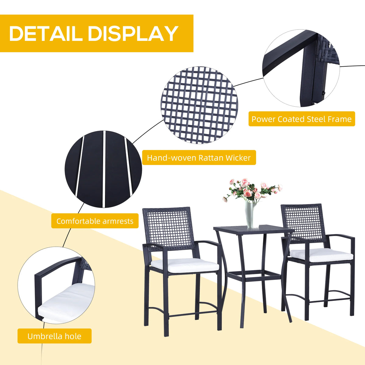 Outsunny Rattan Wicker Outdoor Bar Height Bistro Set With Stools