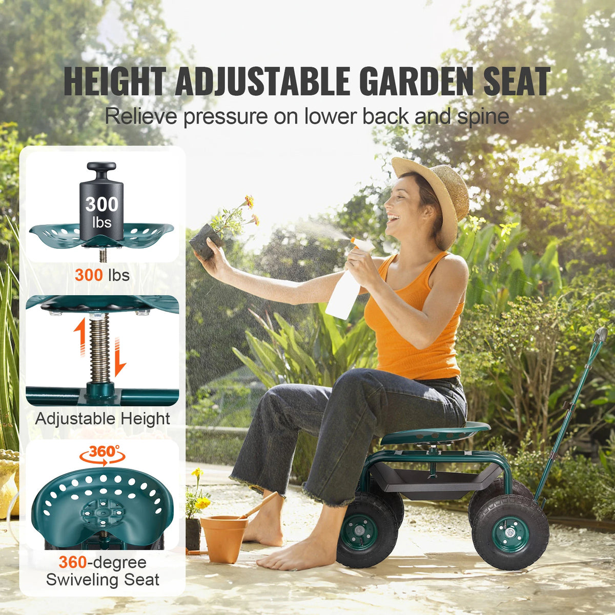 SucceBuy Garden Cart With Seat And Wheels 360 Degree Swivel