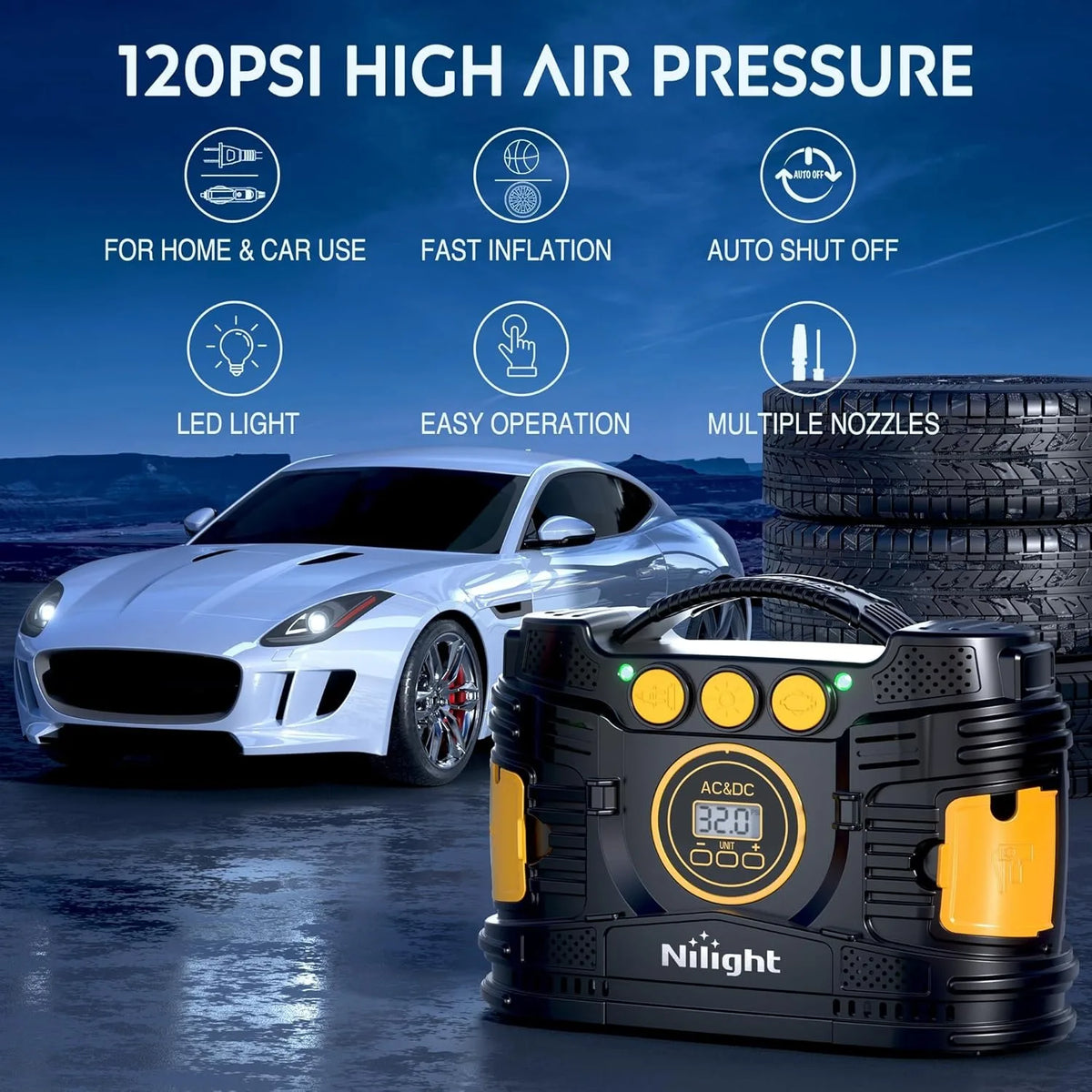 Nilight Dual Power Portable Tire Inflator With Auto Shutoff
