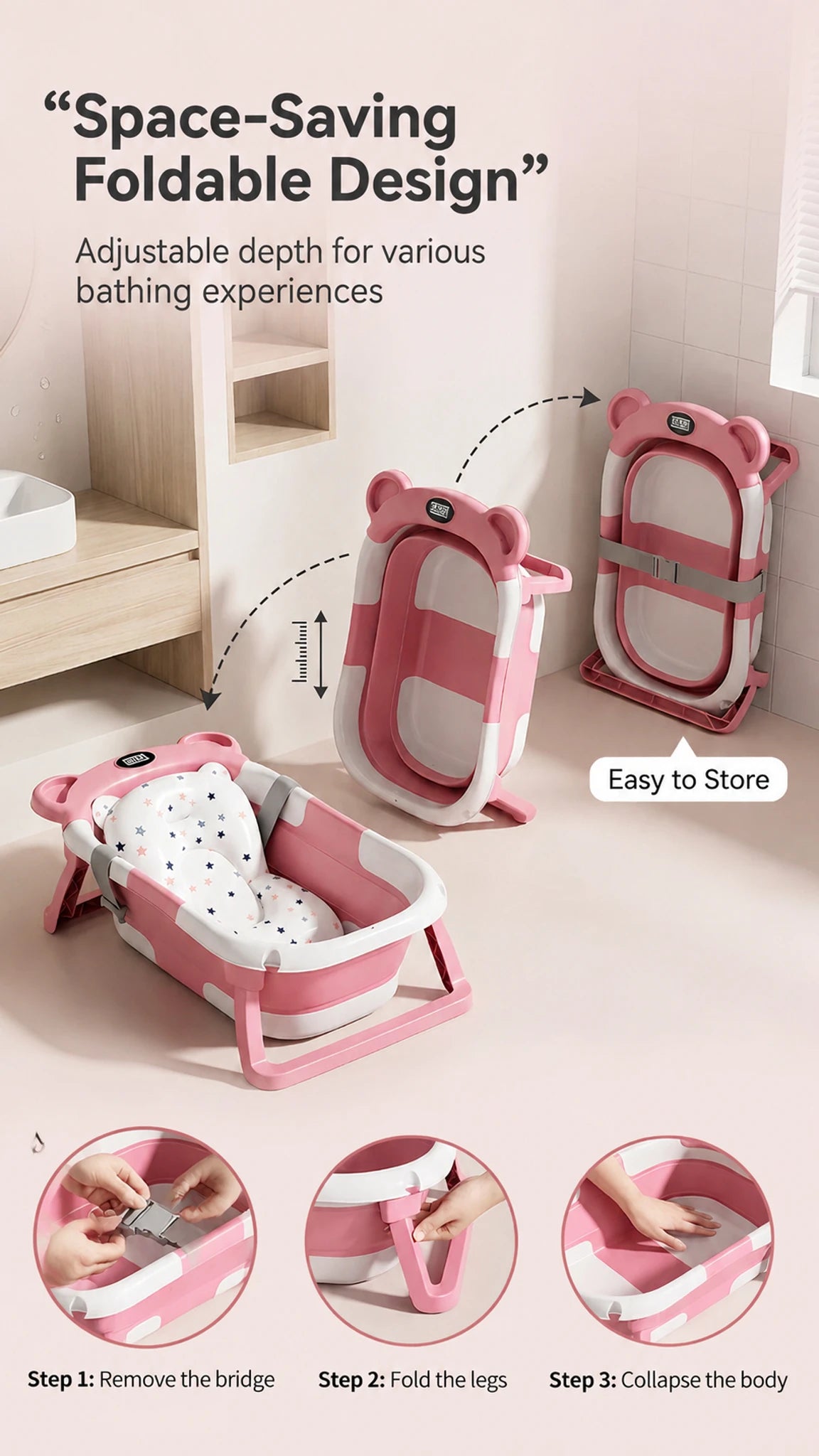 Foldable Baby Bathtub With Thermometer Drain Hole And Cushion