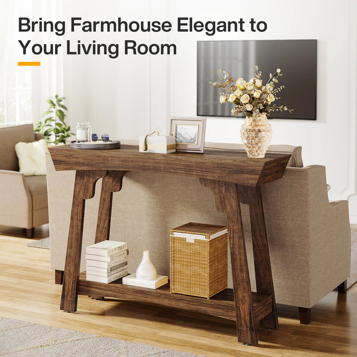 Tribesigns Farmhouse Two Tier Wood Console Table With Storage Shelf