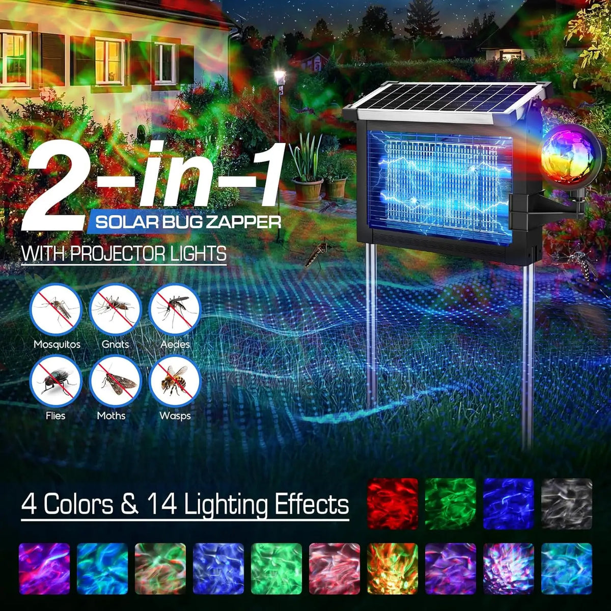 Solar Bug Zapper 2-In-1 Projection Light And Mosquito Killer With Type C Charging