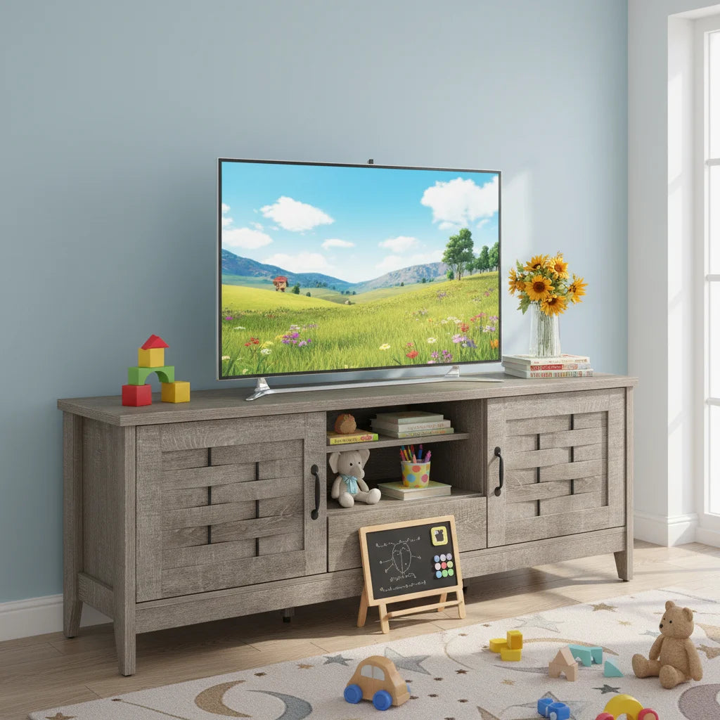 HOMASIS TV Stand With Woven Doors And Adjustable Shelves