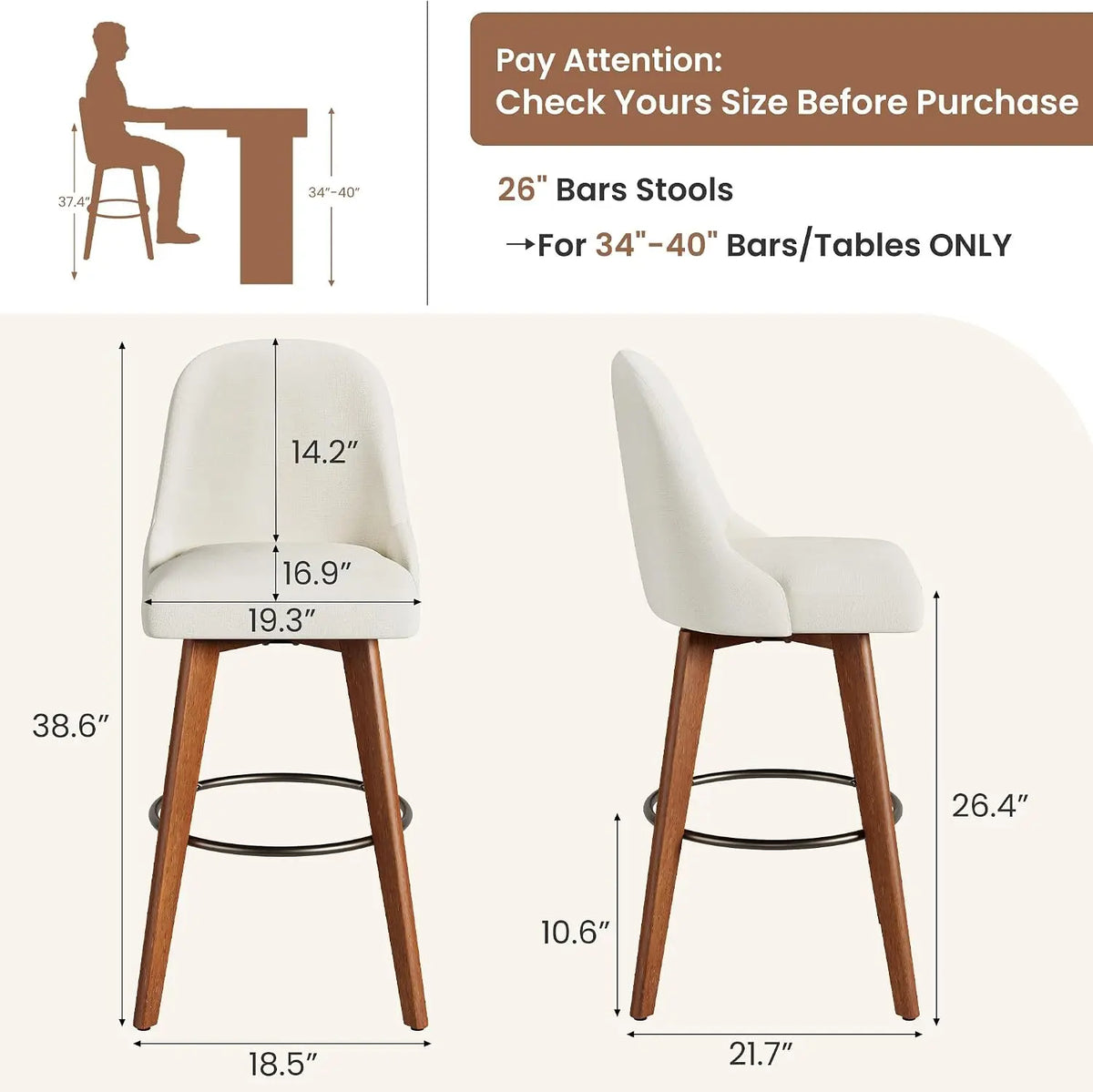 Modern Linen Upholstered Swivel Bar Stools With Wood Legs