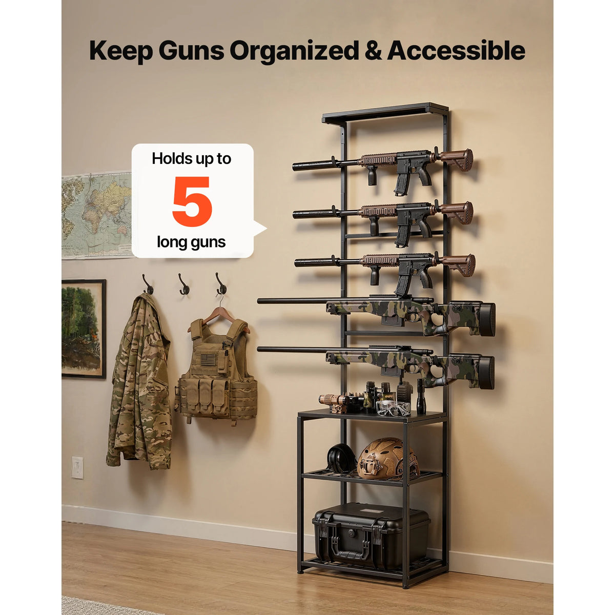 SucceBuy Freestanding Rifle and Shotgun Rack with Storage Shelf