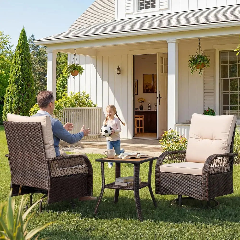 Outdoor Wicker Patio 3 Piece Rocking Swivel Chairs With Table