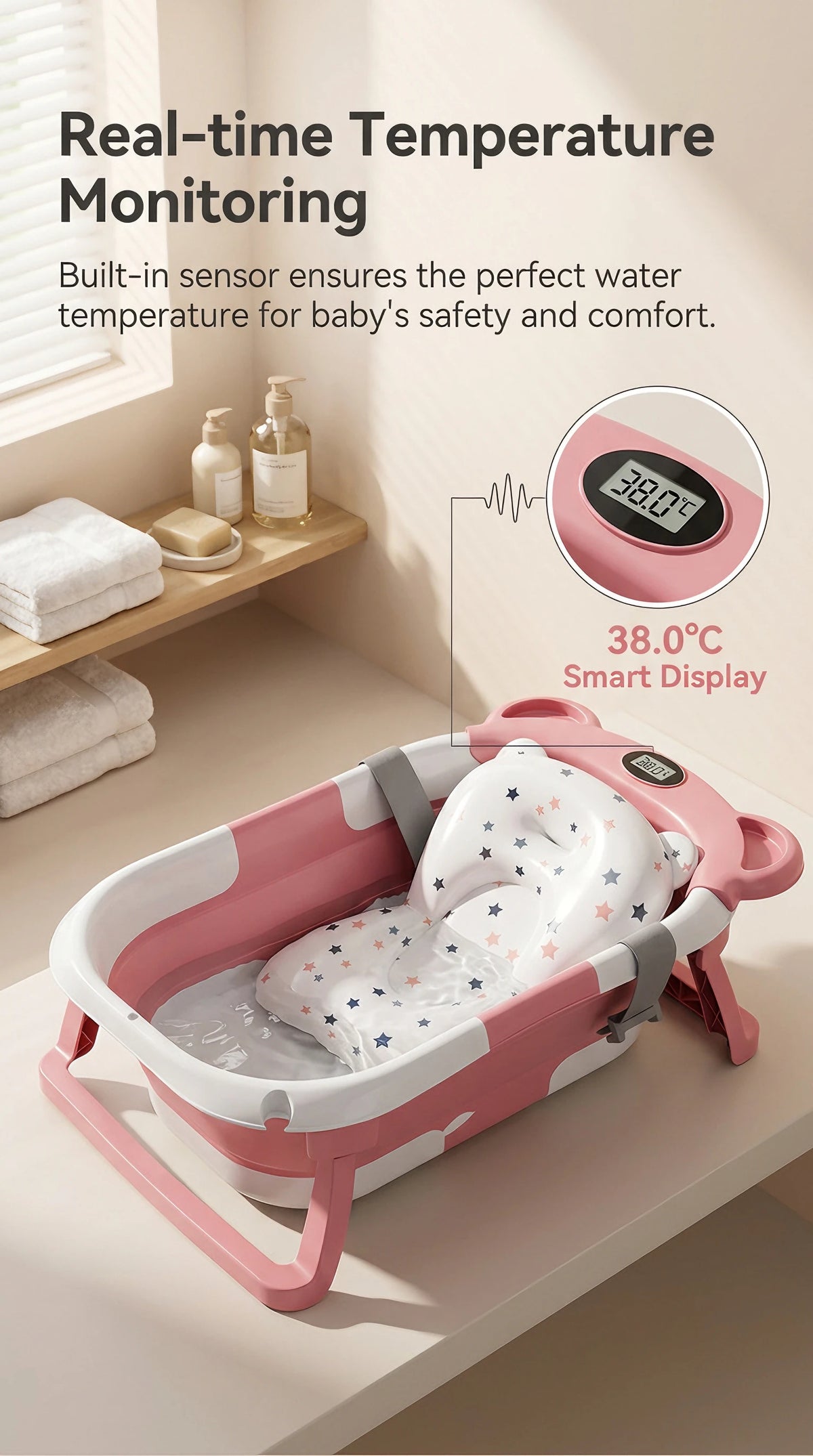 Foldable Baby Bathtub With Thermometer Drain Hole And Cushion