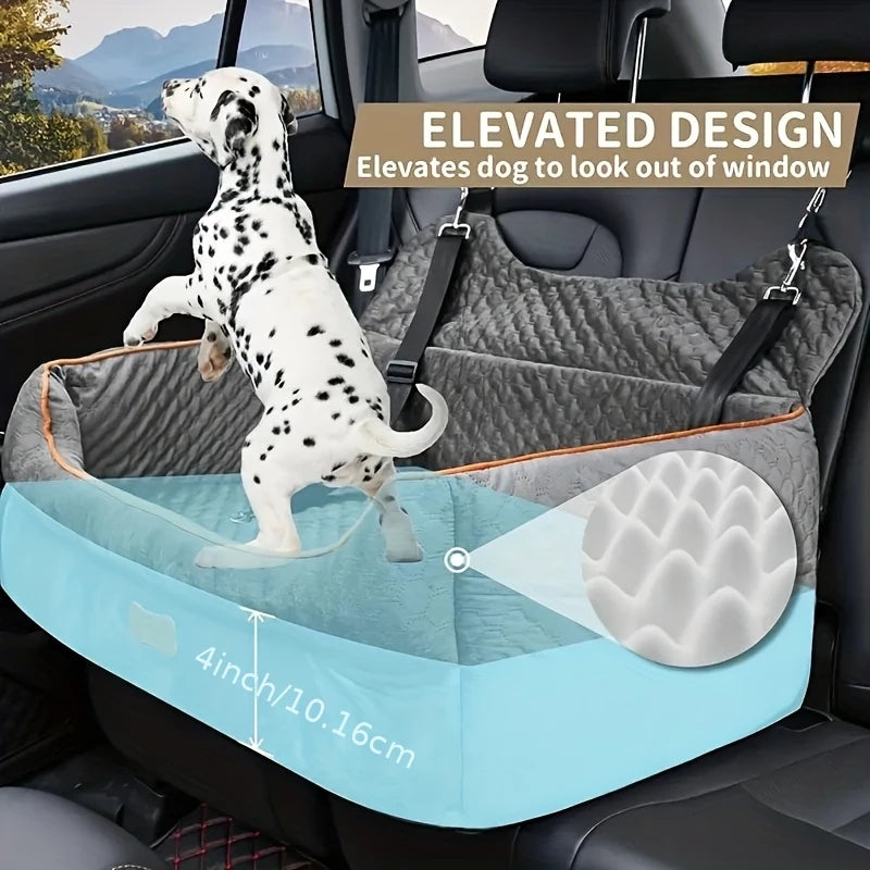 Dog Car Seat Booster Cushion with Memory Foam - Secure Strap Installation, Thick Padding & Storage Bag - Heavy-Duty Travel Bed for Large/Medium Dogs up to 24.95 KG or 2 Small Dogs - Washable Car Seat Protector - Gray Pet Vehi