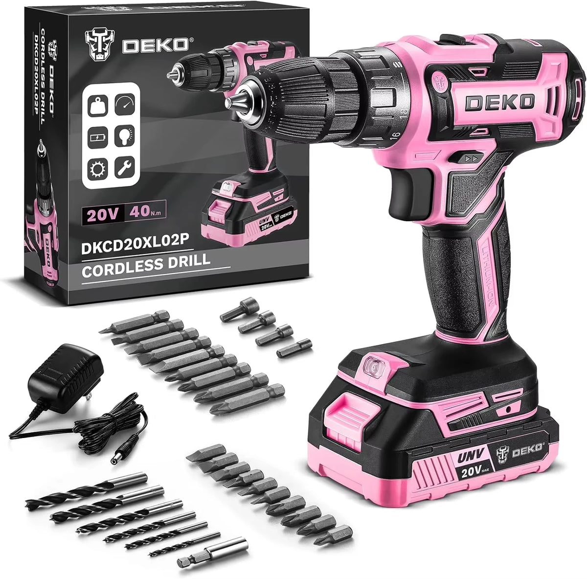 DEKO 20V Women's Cordless Drill with Battery and Charger 20V Drill Driver Kit Suitable for Woodworking Household Tools