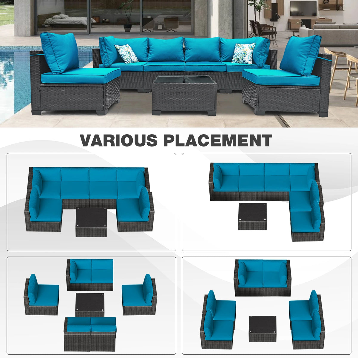 Patio Furniture Set 7 Piece - All-Weather Wicker Rattan Outdoor Conversation Set in Black/Peacock Blue for Backyard Garden Pool