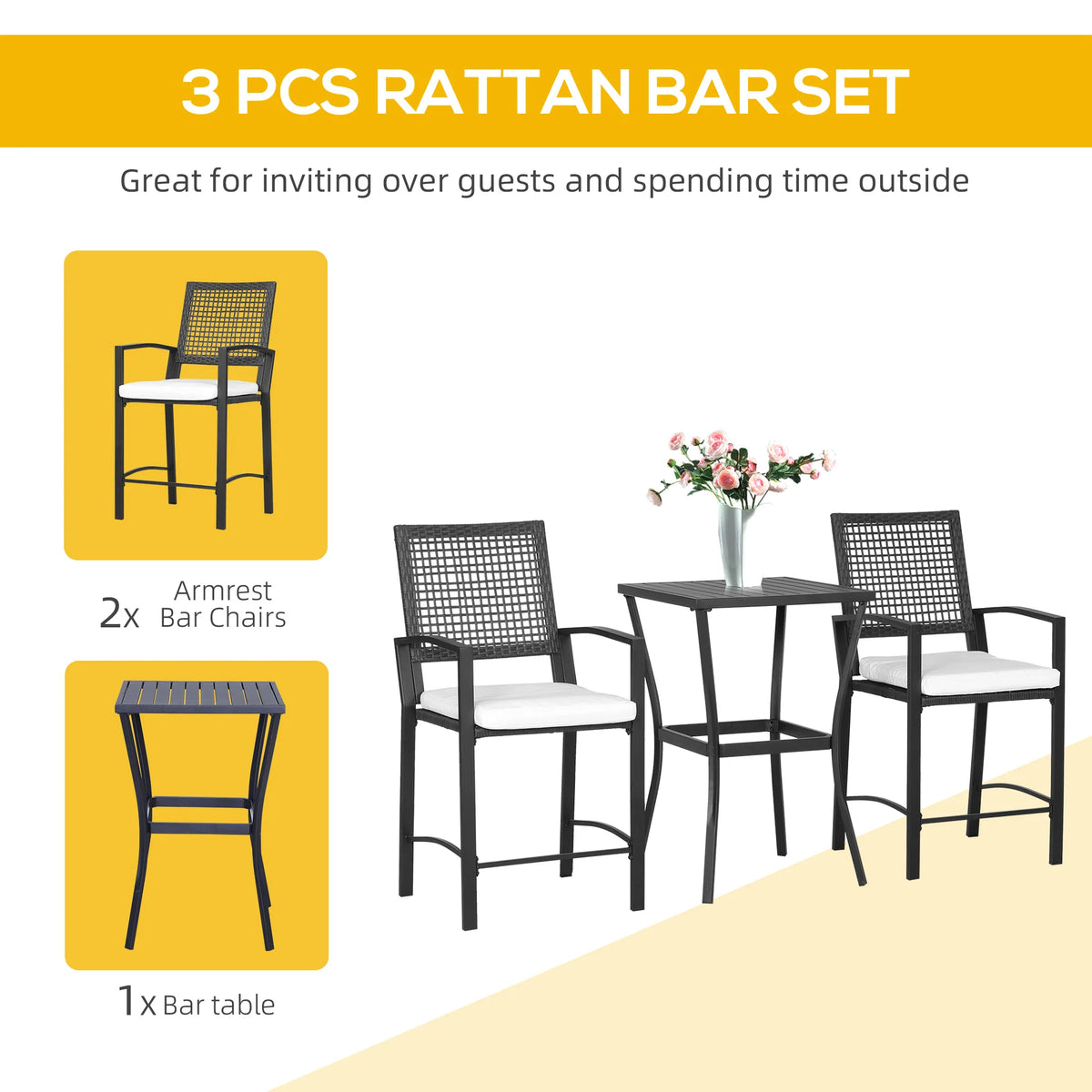 Outsunny Rattan Wicker Outdoor Bar Height Bistro Set With Stools
