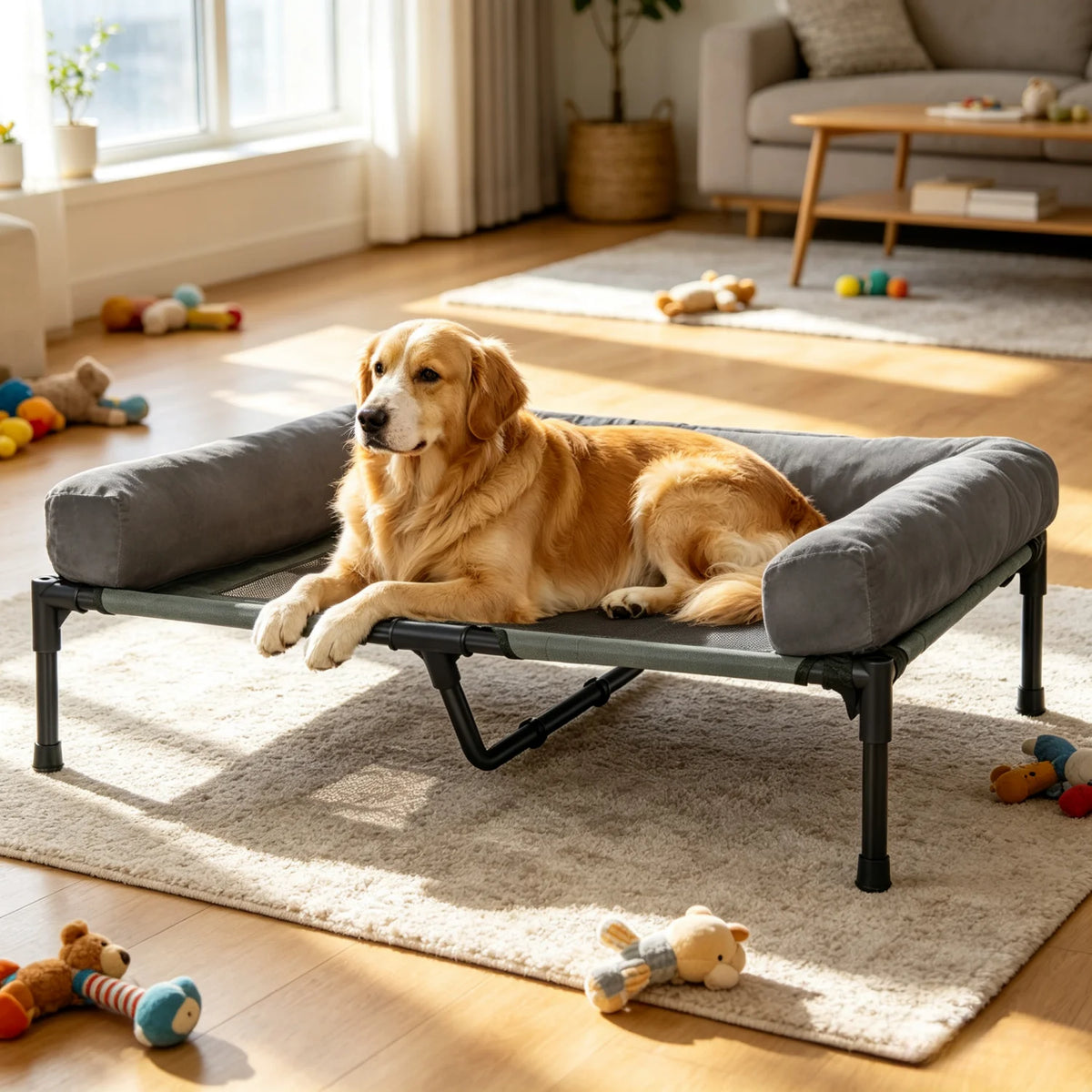 BINGOPAW Elevated Cooling Dog Cot with Breathable Mesh Plush Bolster