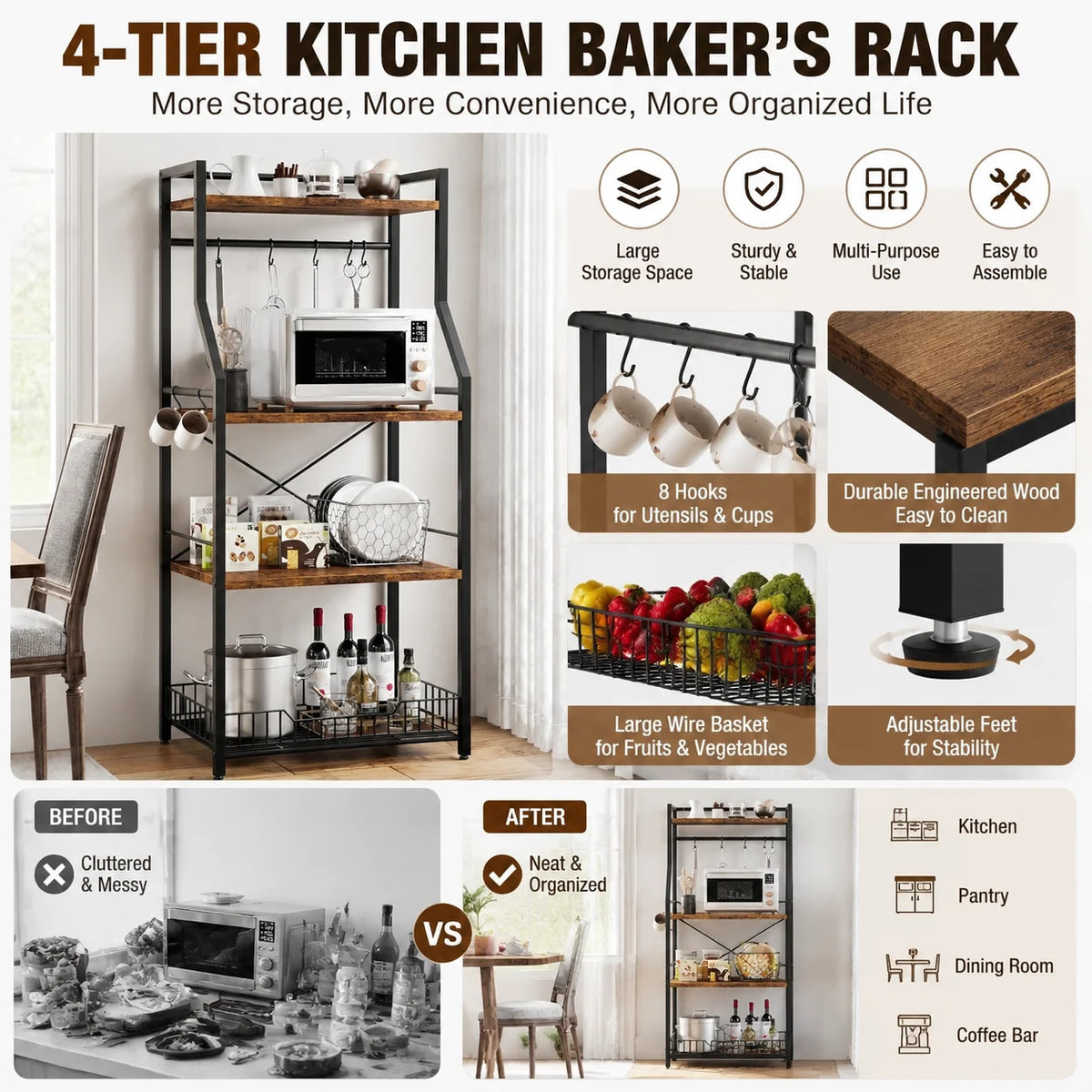 Freestanding Industrial Kitchen Baker Rack With Wire Basket