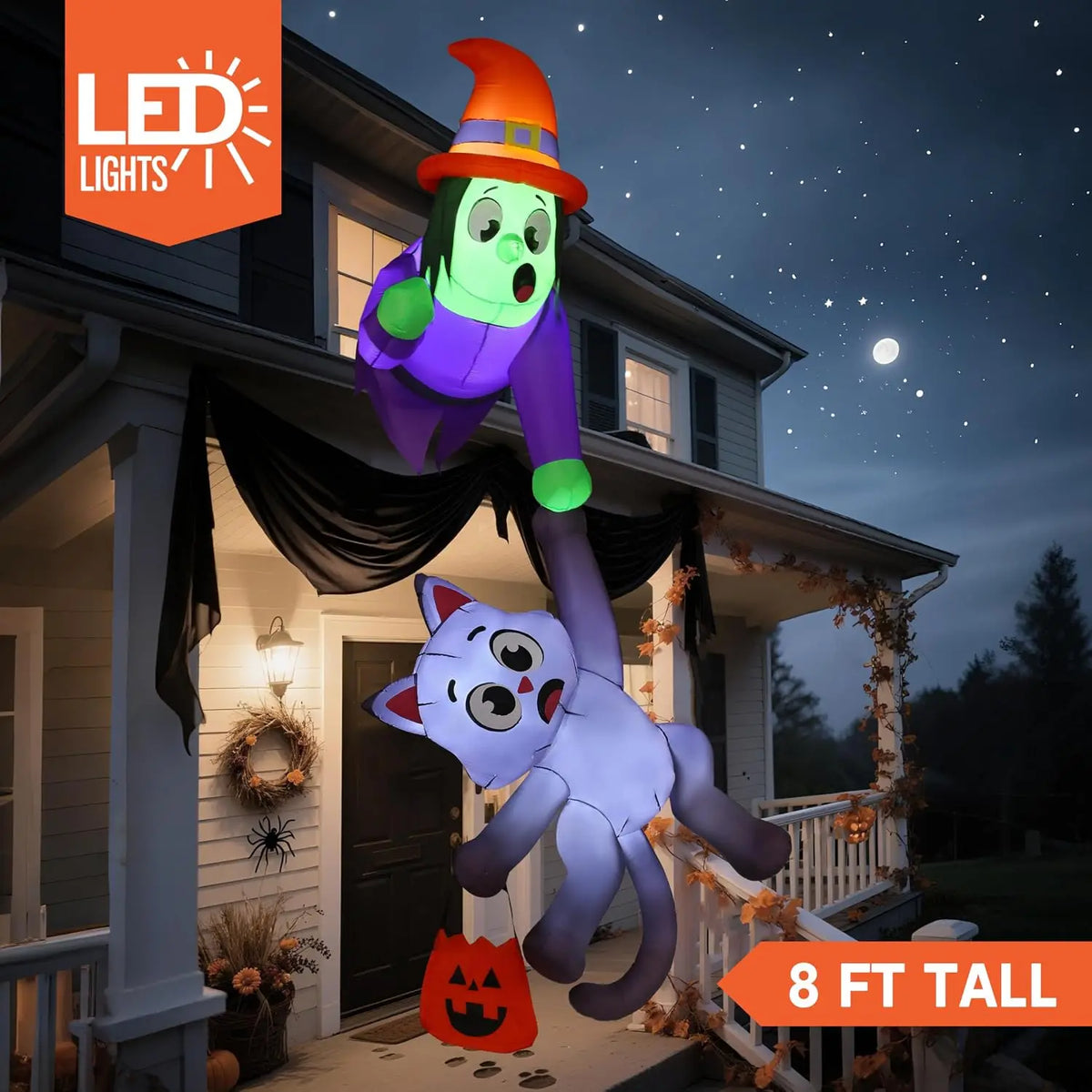 8FT Tall Halloween Blow Up Roof Decoration Witch and Black Cat Inflatable Decoration with LED Lights Giant Halloween Inflatables for Outdoor Yard Roof Decor Indoor Garden Lawn Party Supplies