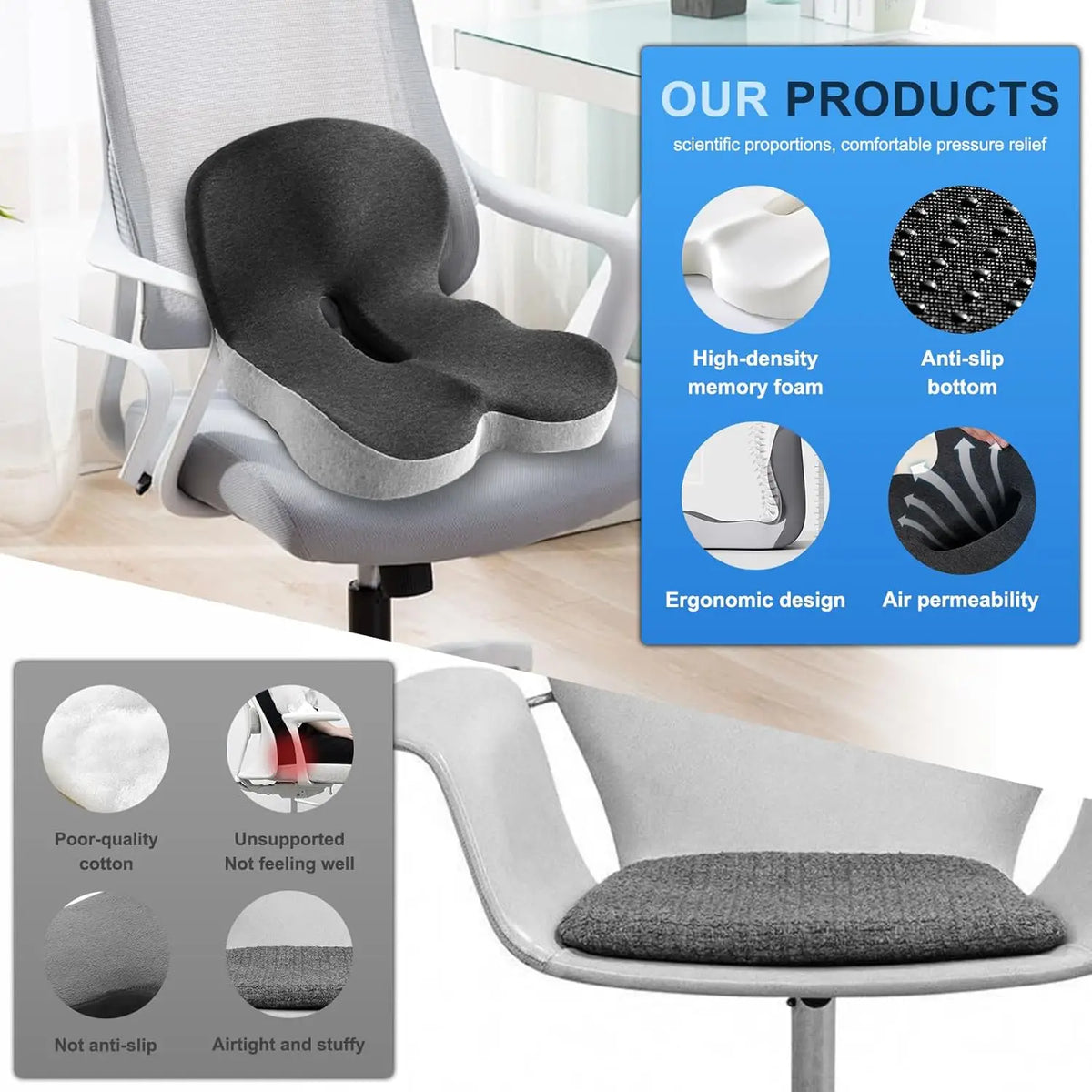 Memory Foam Office Chair Seat Cushion With Breathable Backrest Support