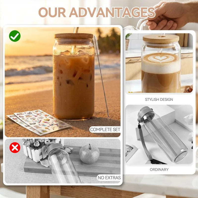 Can Shaped Glass Cups With Bamboo Lids And Reusable Straws