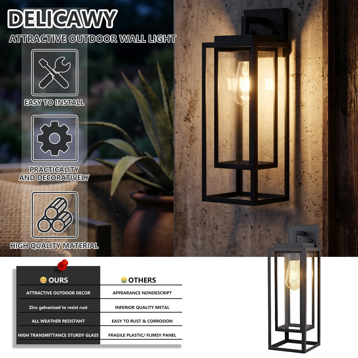 ARLGSITE Farmhouse Iron Exterior Wall Sconce Clear Glass