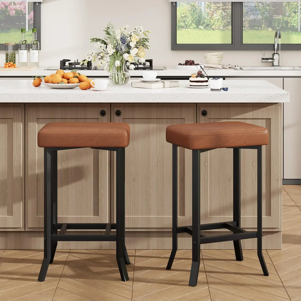 Modern Metal Frame PU Leather Counter Height Bar Stools With Footrest