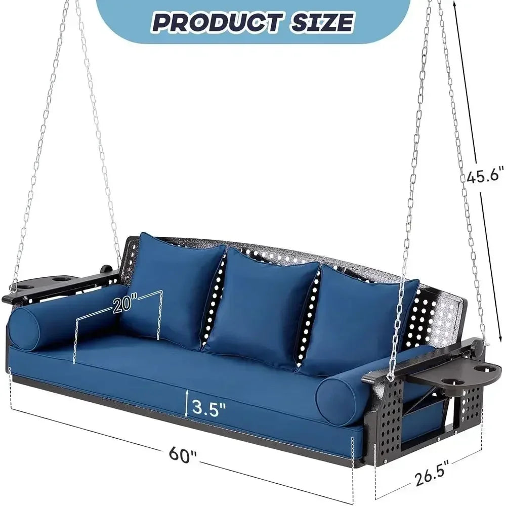 Three Seat Patio Swing Bench With Cup Holders And Cushions