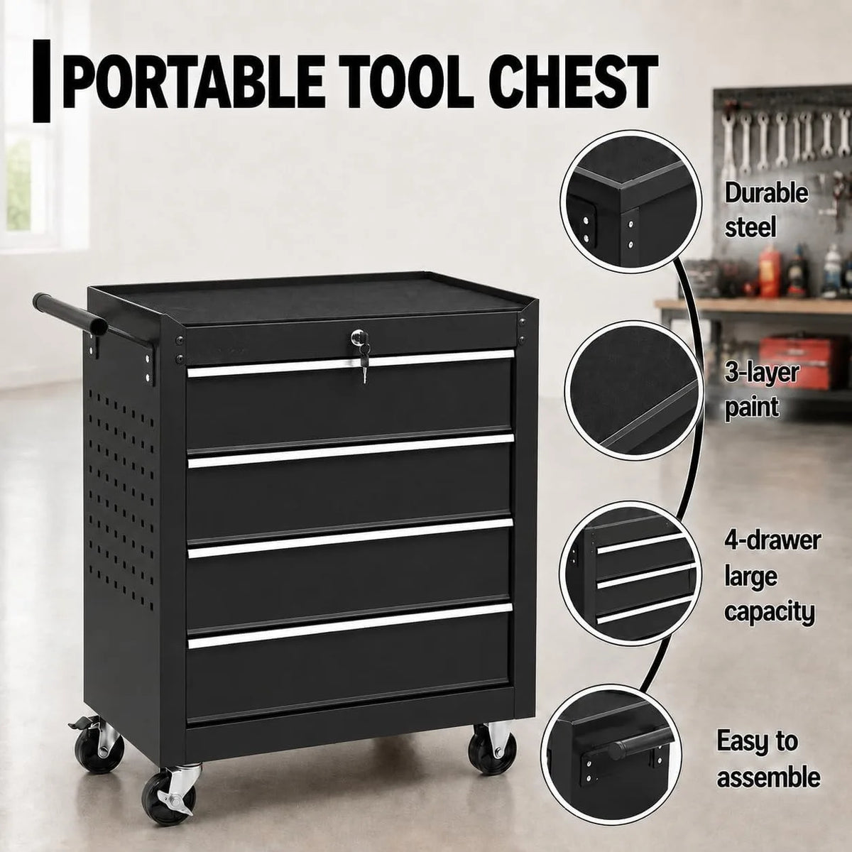 Locking Rolling Tool Chest With Wheels 4 Drawer Cabinet Garage