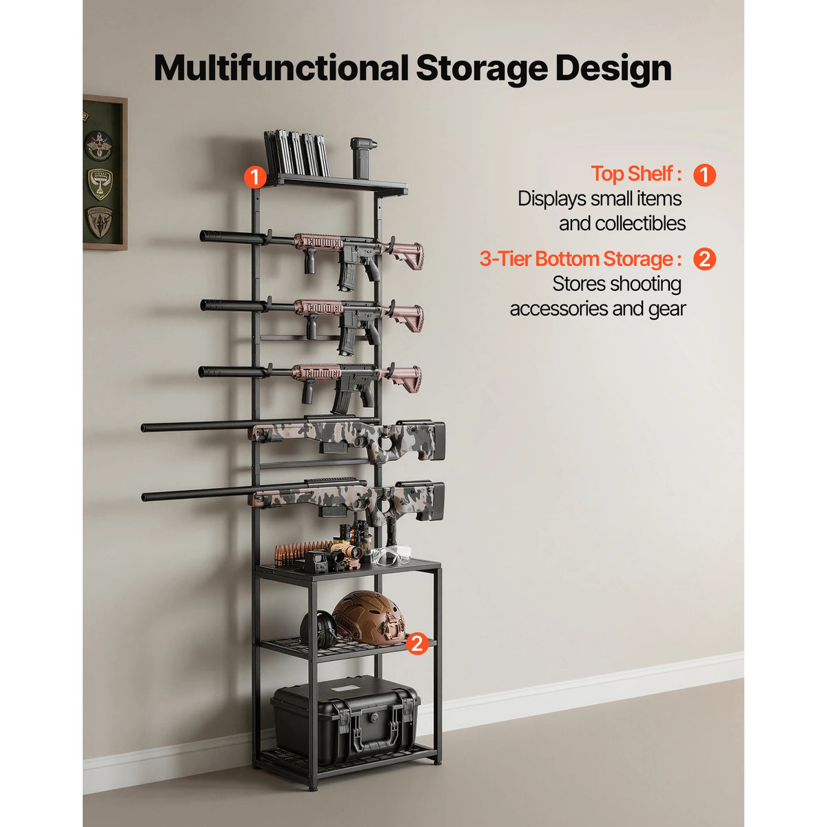 SucceBuy Freestanding Rifle and Shotgun Rack with Storage Shelf