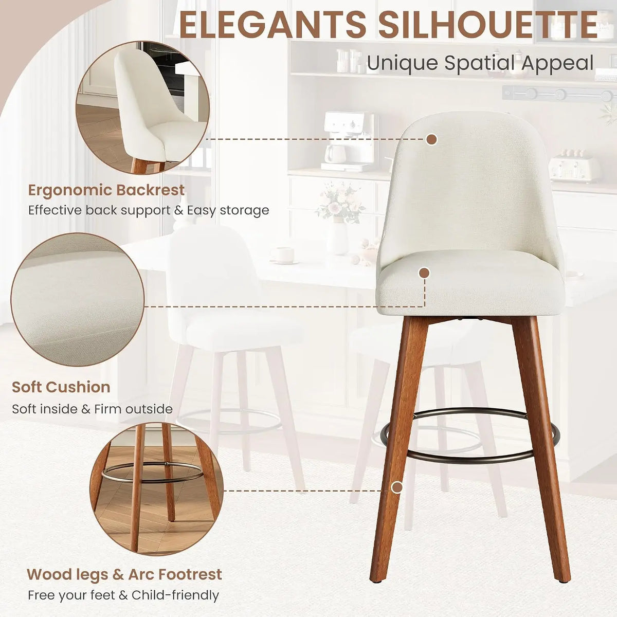 Modern Linen Upholstered Swivel Bar Stools With Wood Legs
