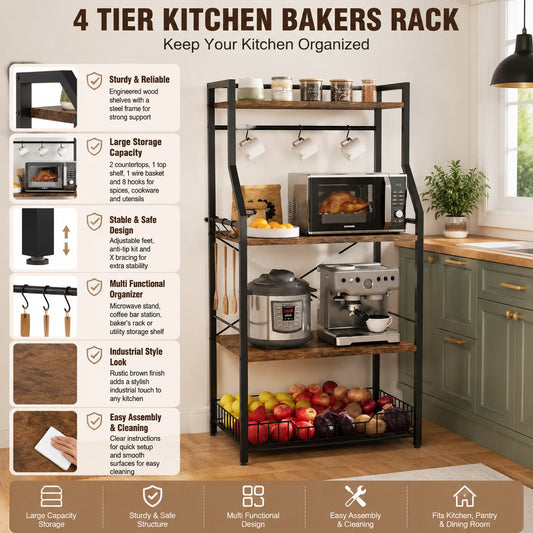 Freestanding Industrial Kitchen Baker Rack With Wire Basket