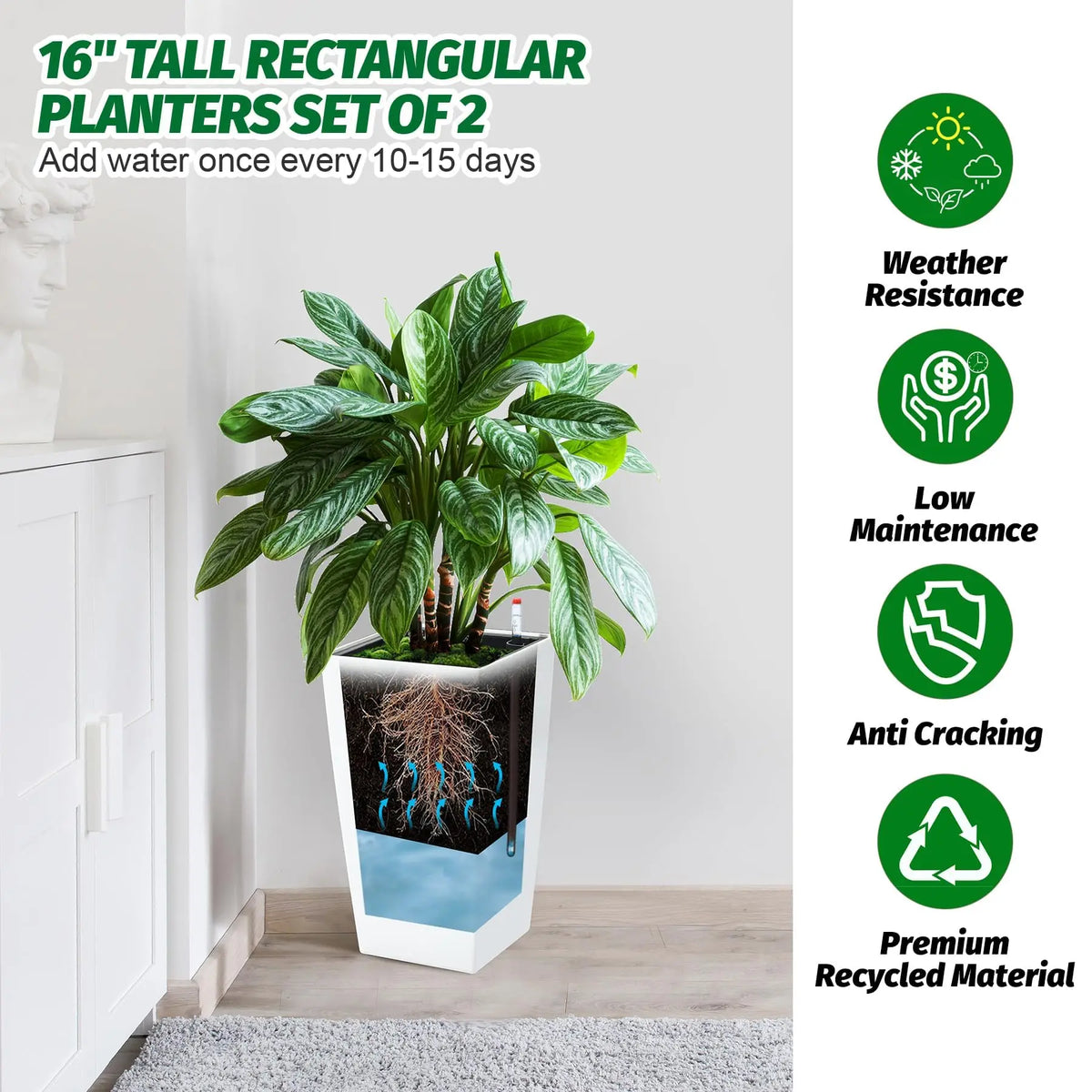 HiMISS Self Watering Tall Planter Pots With Drainage Design