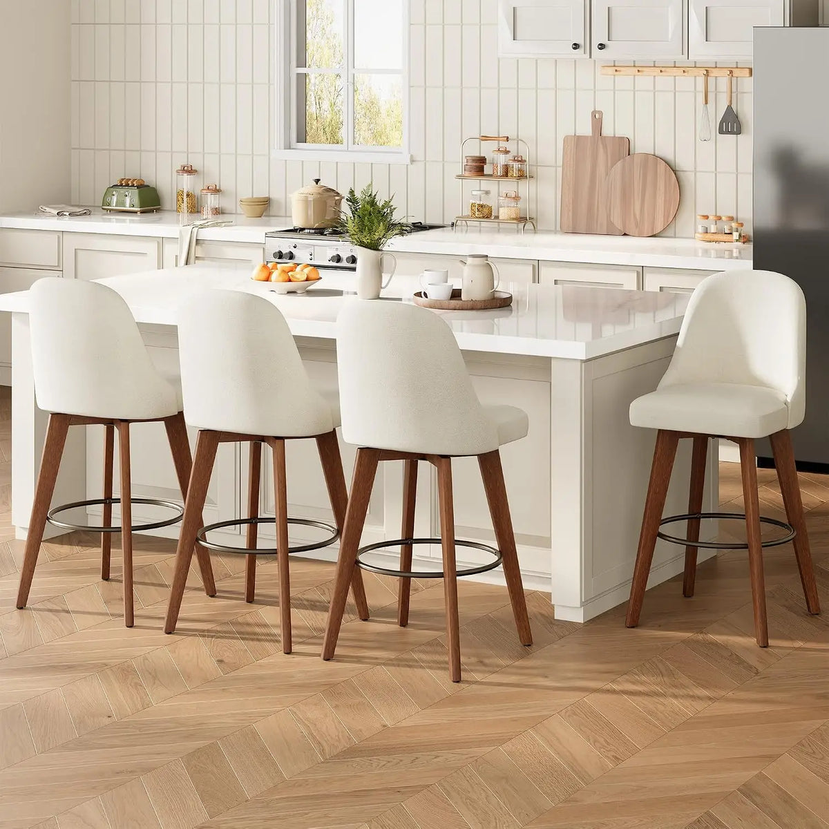 Modern Linen Upholstered Swivel Bar Stools With Wood Legs