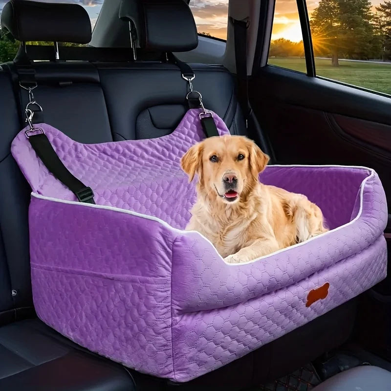 Dog Car Seat Booster Cushion with Memory Foam - Secure Strap Installation, Thick Padding & Storage Bag - Heavy-Duty Travel Bed for Large/Medium Dogs up to 24.95 KG or 2 Small Dogs - Washable Car Seat Protector - Gray Pet Vehi