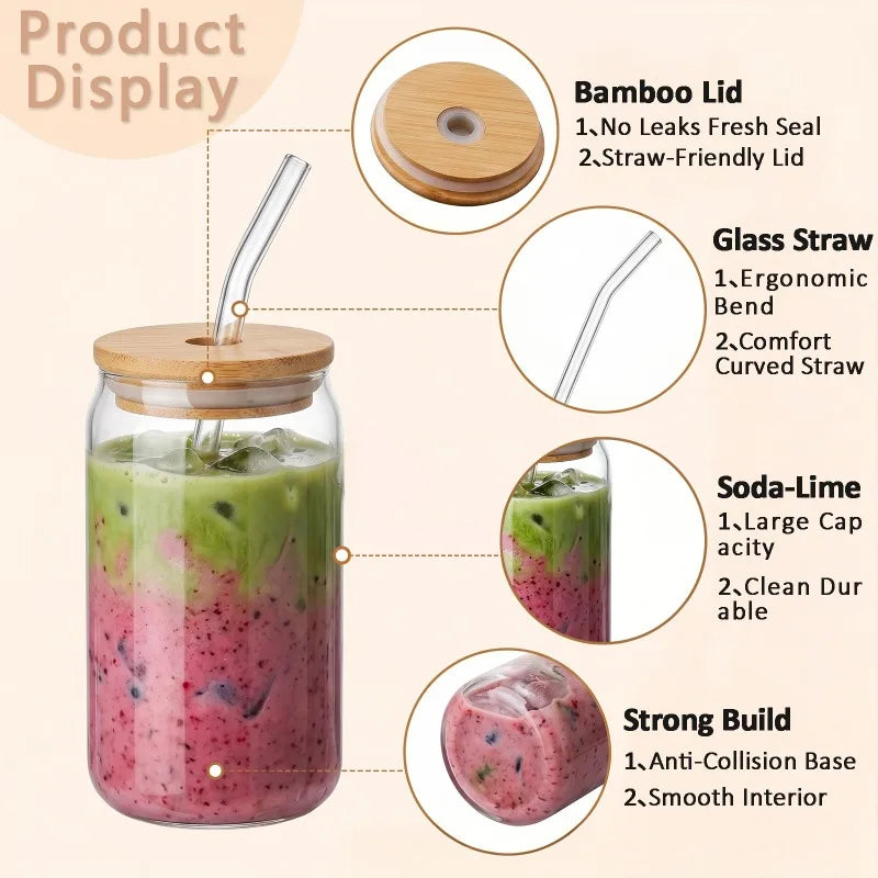 Can Shaped Glass Cups With Bamboo Lids And Reusable Straws