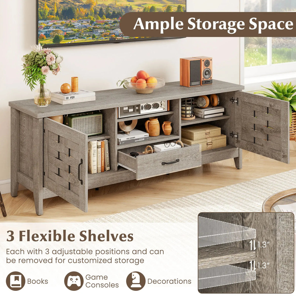 HOMASIS TV Stand With Woven Doors And Adjustable Shelves