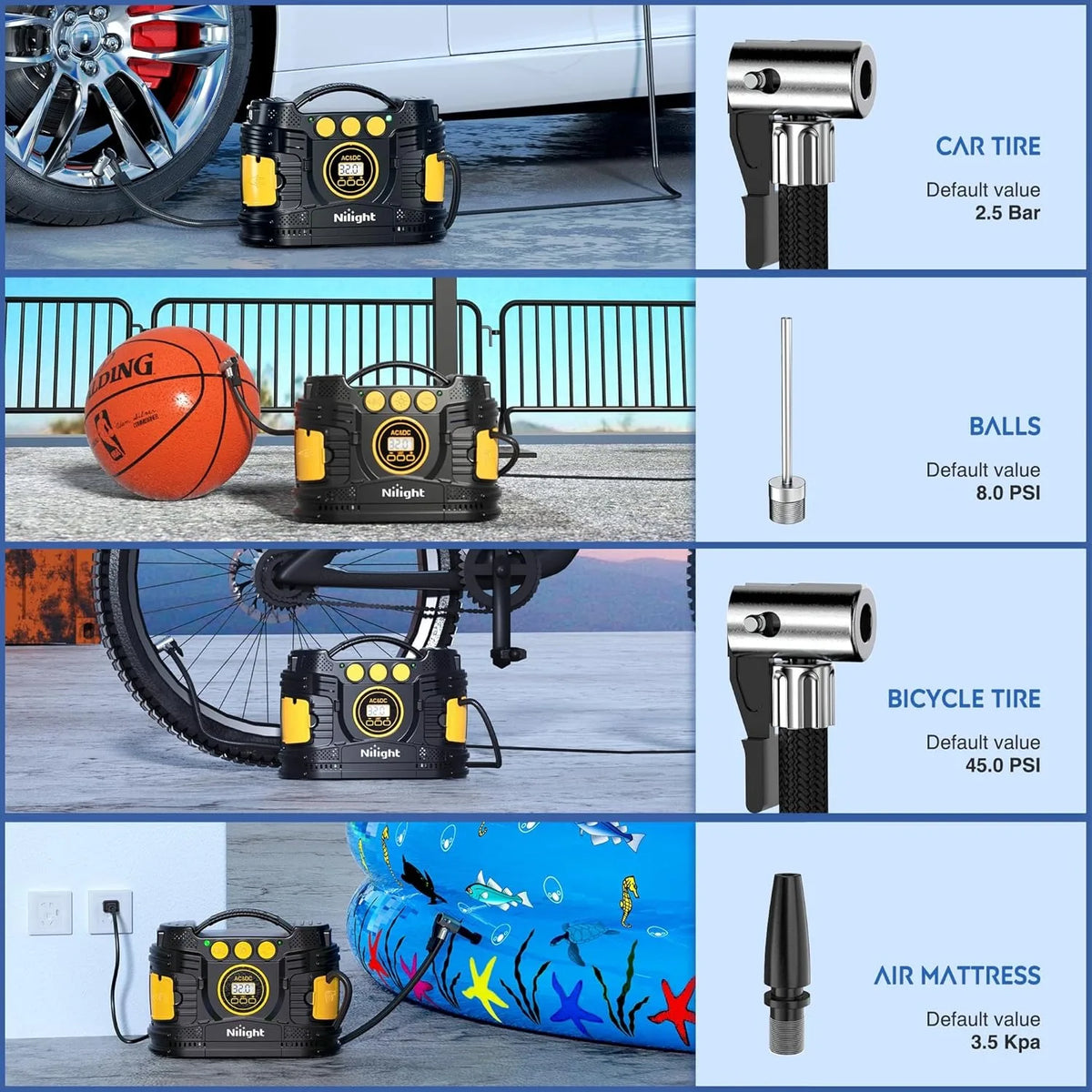 Nilight Dual Power Portable Tire Inflator With Auto Shutoff