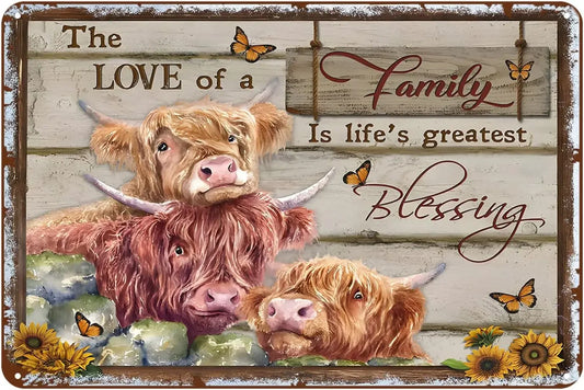 Metal Sign Farm Highland Cows The Love of A Family Rustic Decor Vintage Tin Home Kitchen Bar Cafe Club Cave Wall Cow